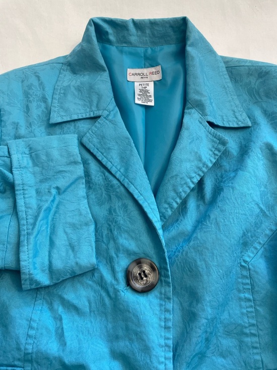 Carroll Reed Jackets & Blazers - Vintage Carroll Reed Petite Turquoise Floral Damask Cotton Blazer Women’s 14P
